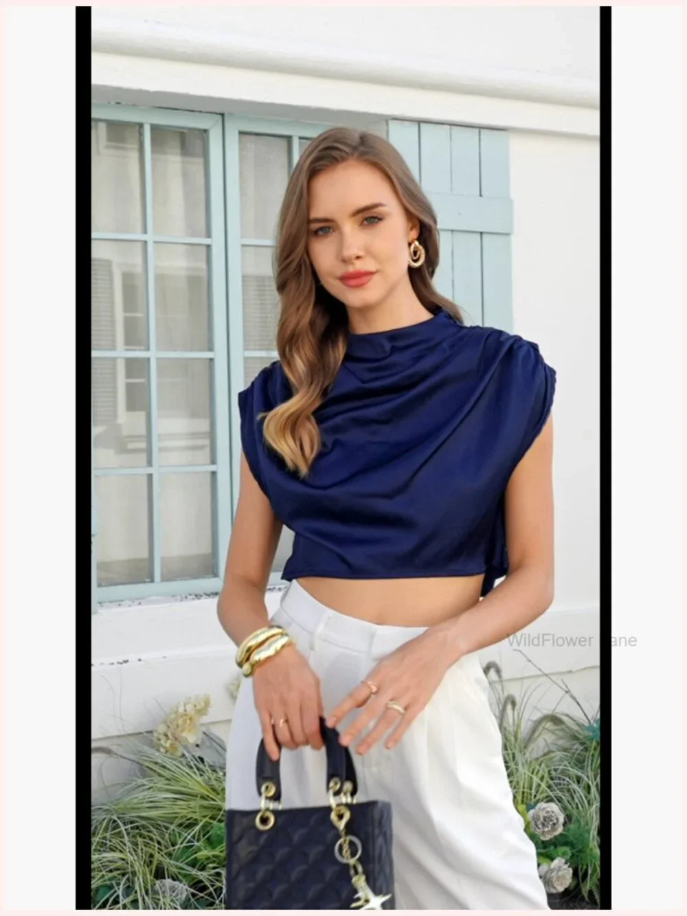 Satin Crop Top Mock Neck Blouse Ruched Cap Sleeve Dressy Work Shirt - Picture 7 of 7